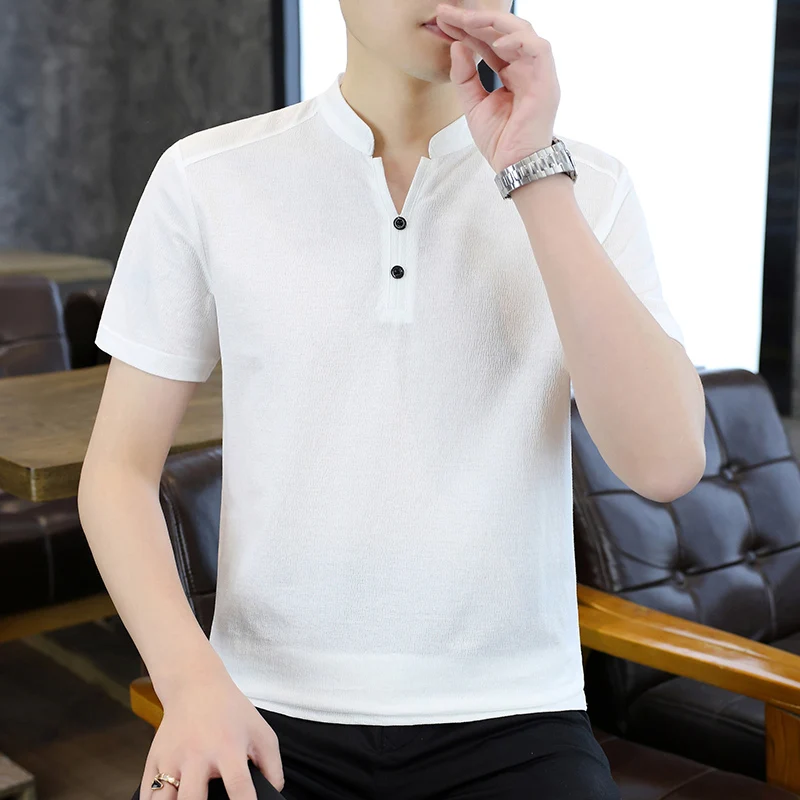 Summer Men's Silk-Linen Peplum Collar Cotton-Linen Short-Sleeved T-Shirt Polo Shirt
