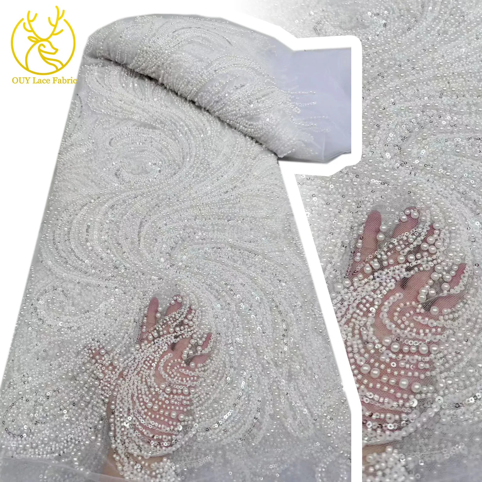 

White Lace Handmade Heavy Beaded Mesh Fabric 2025 Bridal French African Sequins Tulle Lace Fabric for Wedding Party Dresses