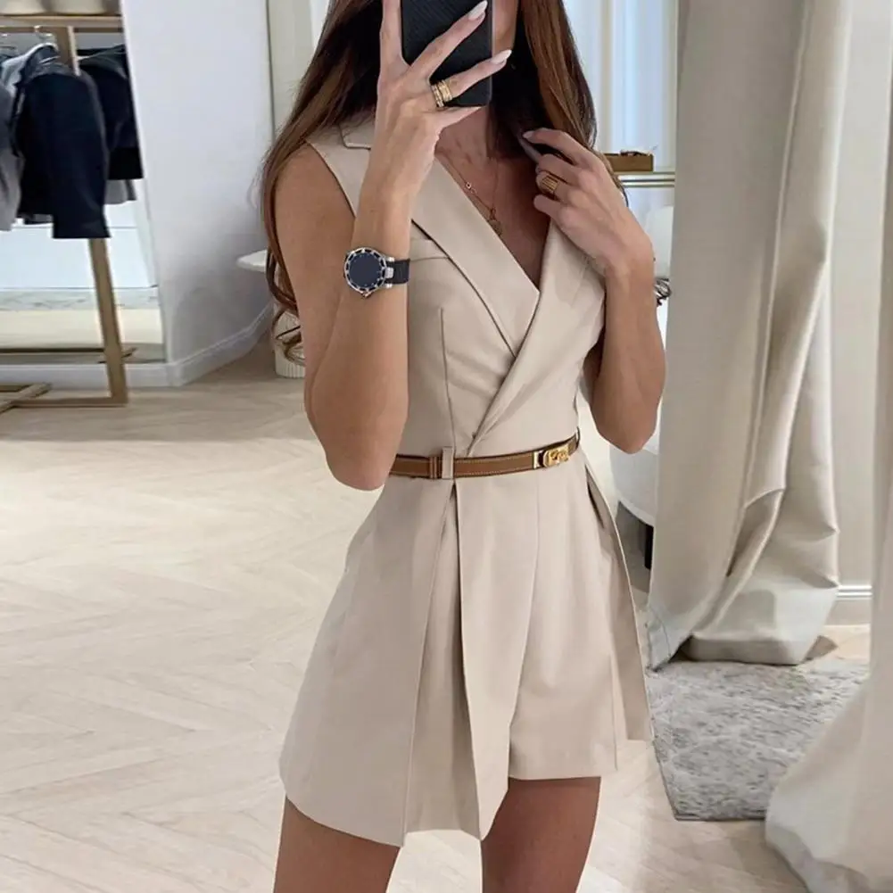 Women's Summer Jumpsuit With Lapel V-neck Solid Color Pleated Sleeveless Slim Fit OL Commuter Formal Dress (belt Not Included)