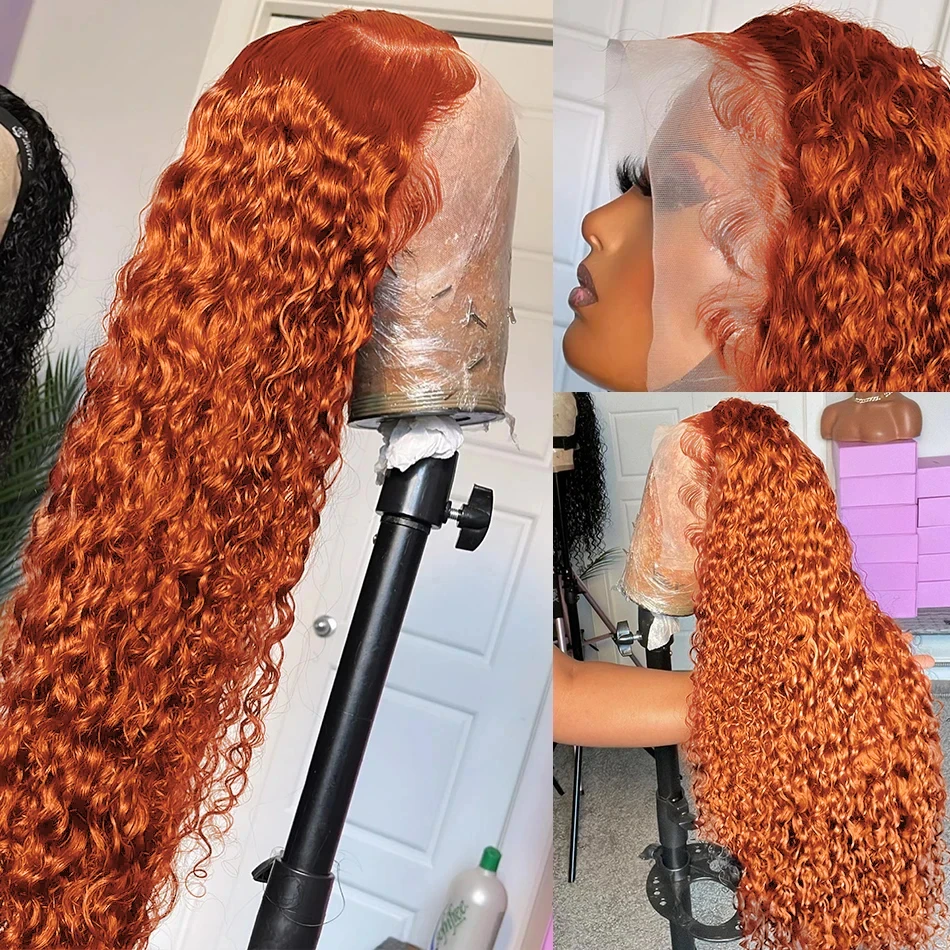 Perruque Lace Front Wig Deep Wave naturelle bouclée, cheveux humains, 13x4, 13x6, couleur HD, vidéo orange