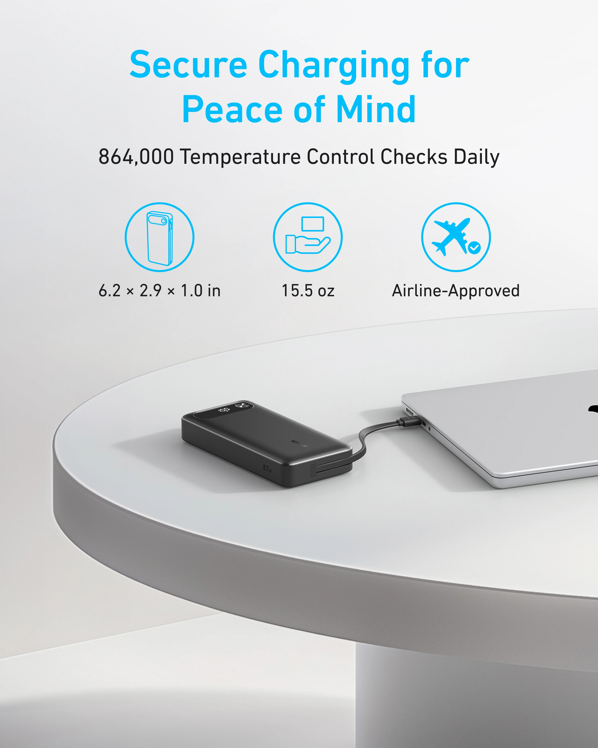 Anker Power Bank شاحن محمول 20000 مللي أمبير في الساعة مع كابل USB-C مدمج بطارية شحن سريع 87 وات 2 USB-C و1 USB-A لهاتف iphone17