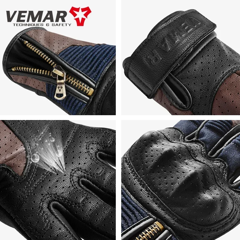 VEMAR Sheepskin Denim Fabric Motorcycle Gloves Summer Retro Breathable Genuine Leather Riding Guantes Motocross Motos Accessorie