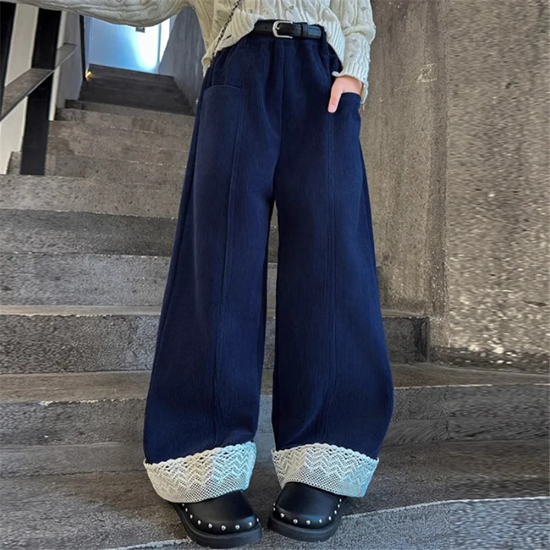 Girls Wide-legged Pants Spring New Version Loose Fashionable Foot Edge Trousers Autumn Big Kids Lace Straight Long Pants 4-14Y