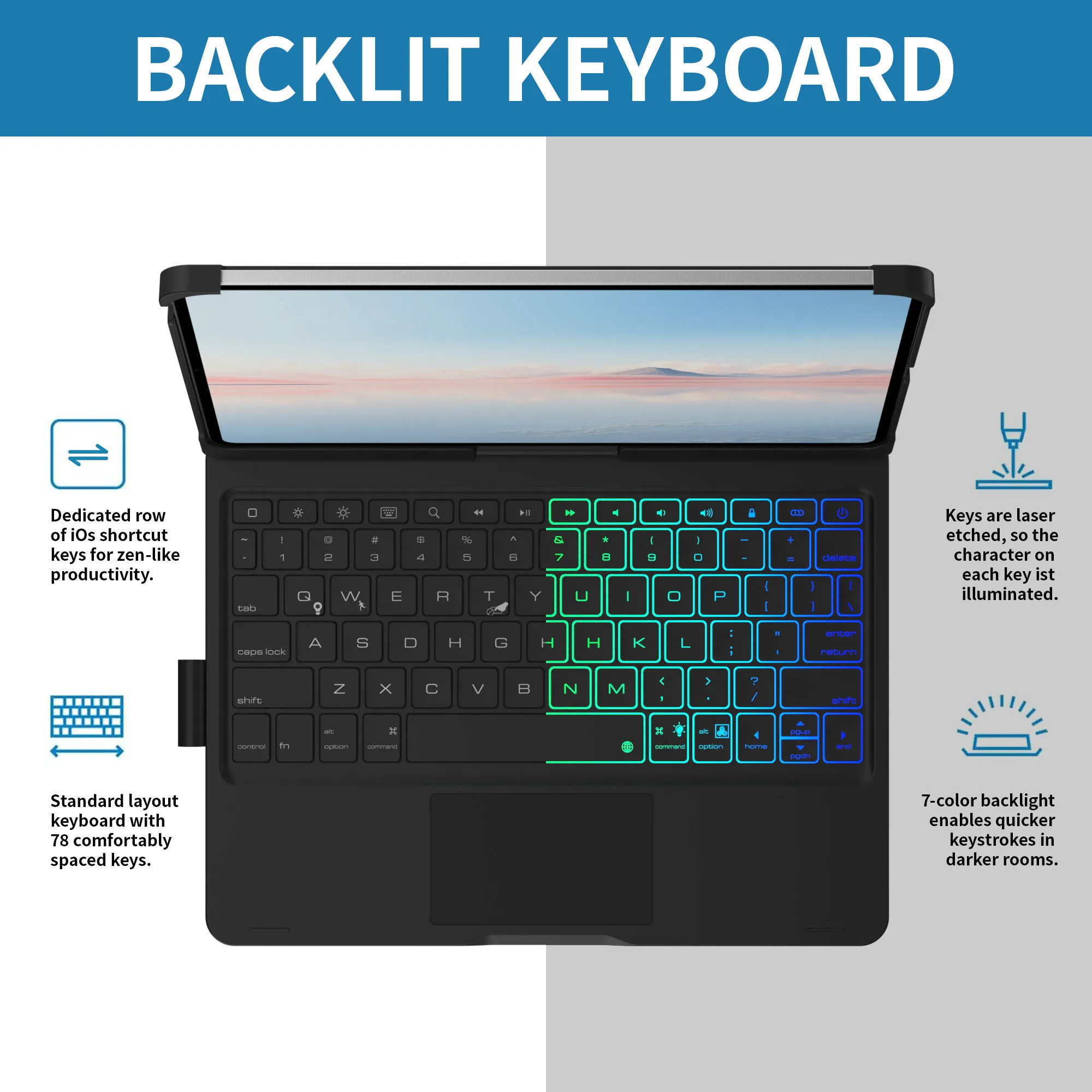Touch Keyboard Case for iPad Air 11-inch (2024 M2) & iPad Pro 11(4th/3rd/2nd/1st Gen):Multi-Touch Trackpad & 7 Colors Backligh view 4