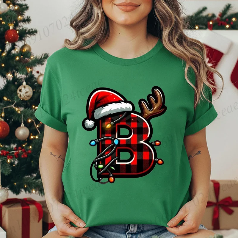 Vrouw Kerst Alfabet Grafische Print T-shirt Casual O-hals Mode Casual Zachte Kerstmuts met korte mouwen, Rendier Creatieve Tops