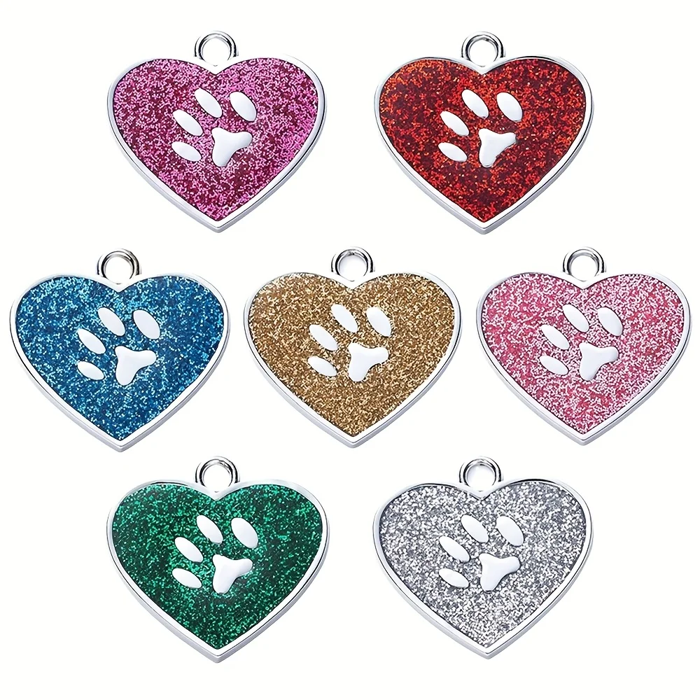 7 قطع من علامات تعريف الحيوانات الأليفة على شكل قلب من سبائك الزنك مع طباعة مخالب لامعة - لوحات أسماء ملونة لطيفة على شكل كلب قطة، قابلة للغسل في الغسالة