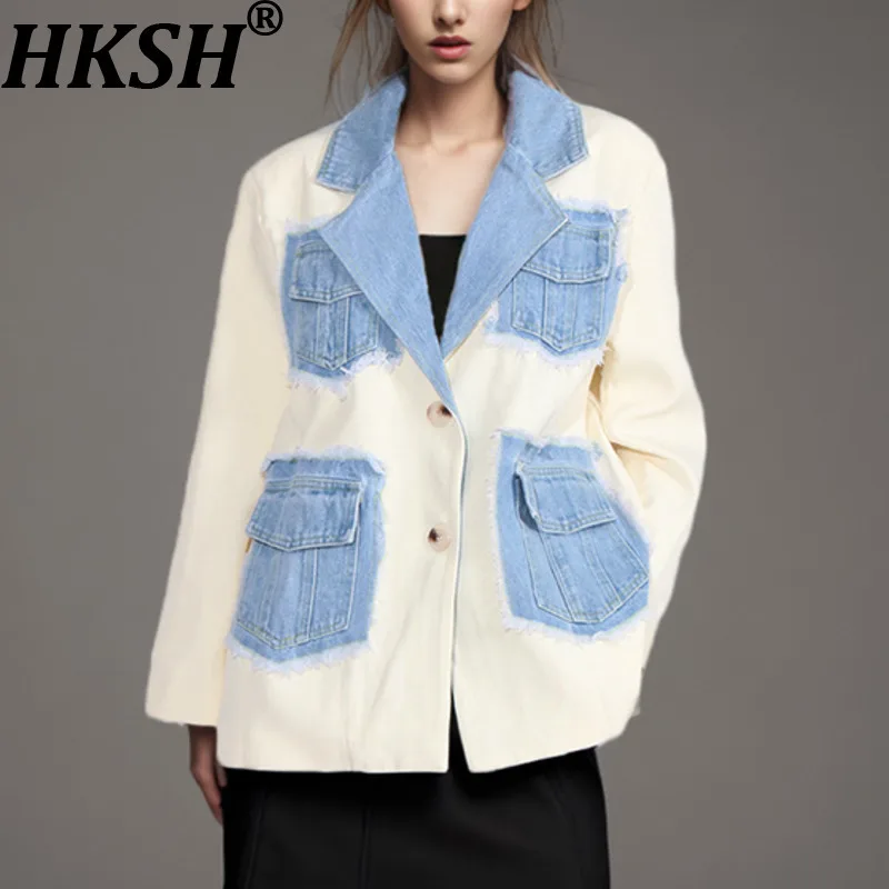 

HKSH Spring Autumn New Women Blazer Multi-pocket Denim Patchwork Color Block Single Breasted Elegant High-end Ins Jacket HK17416
