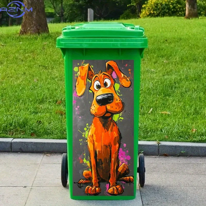 One Cartoon Funny Dog Trash Can Sticker, Abstract Graffiti Style, Vibrant Colors, Waterproof Wall and Kitchen Decor Trash Can