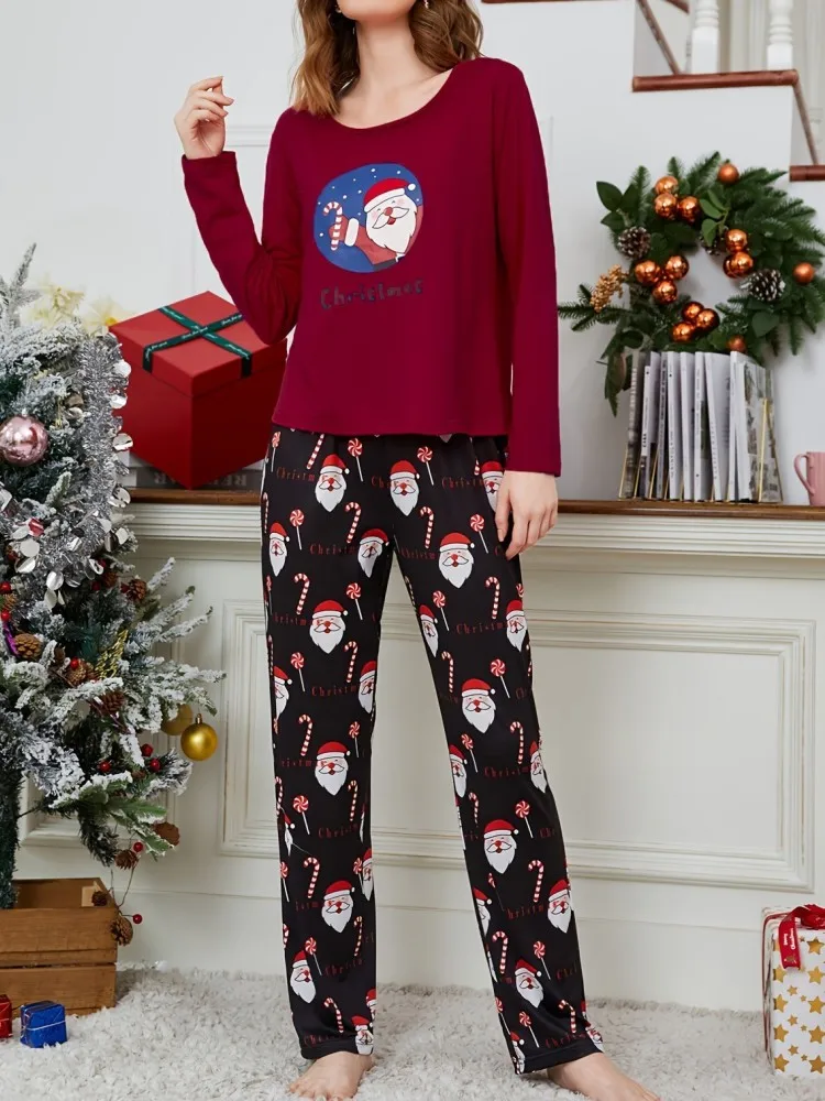 

Christmas Pajamas Set for Women Cartoon Santa Claus Print T-shirt and Pants Sets Loungewear Fall and Winter Sleepwear Homewear