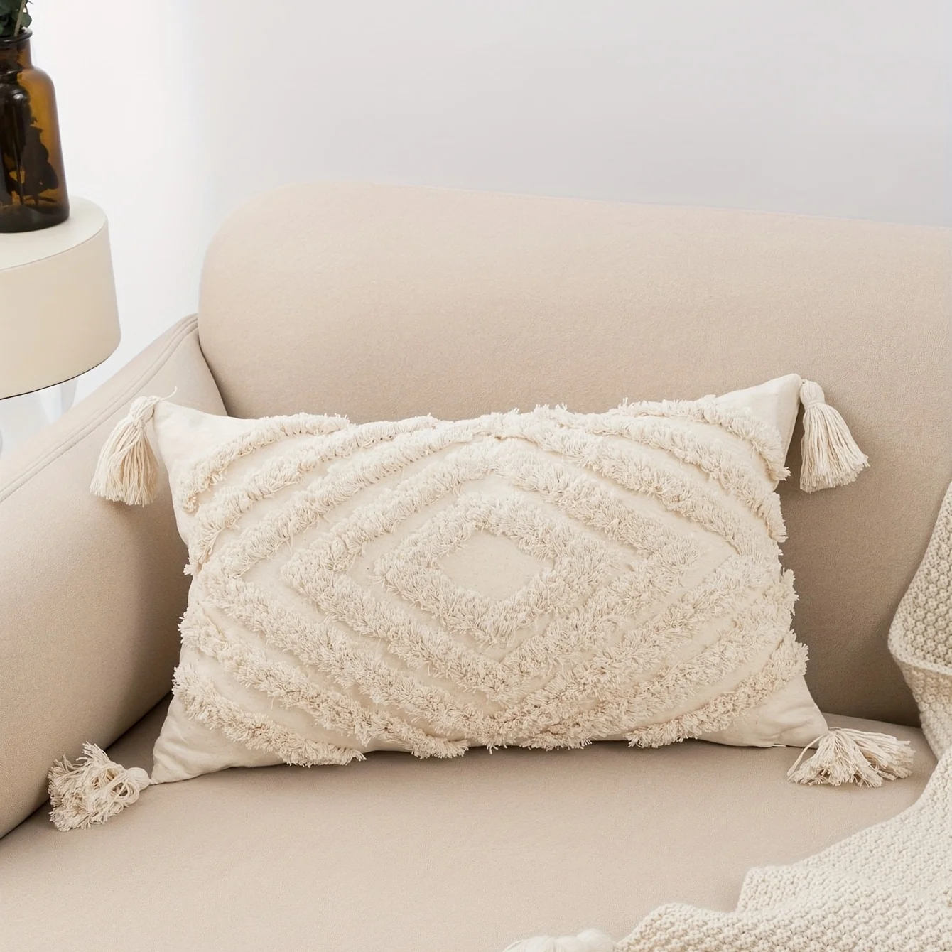 1pc Beige Bohemian Strip Pillow Modern Simple Cushion Cover Tufting Technology Living Room Sofa Bedroom Bedside Pillow Cover