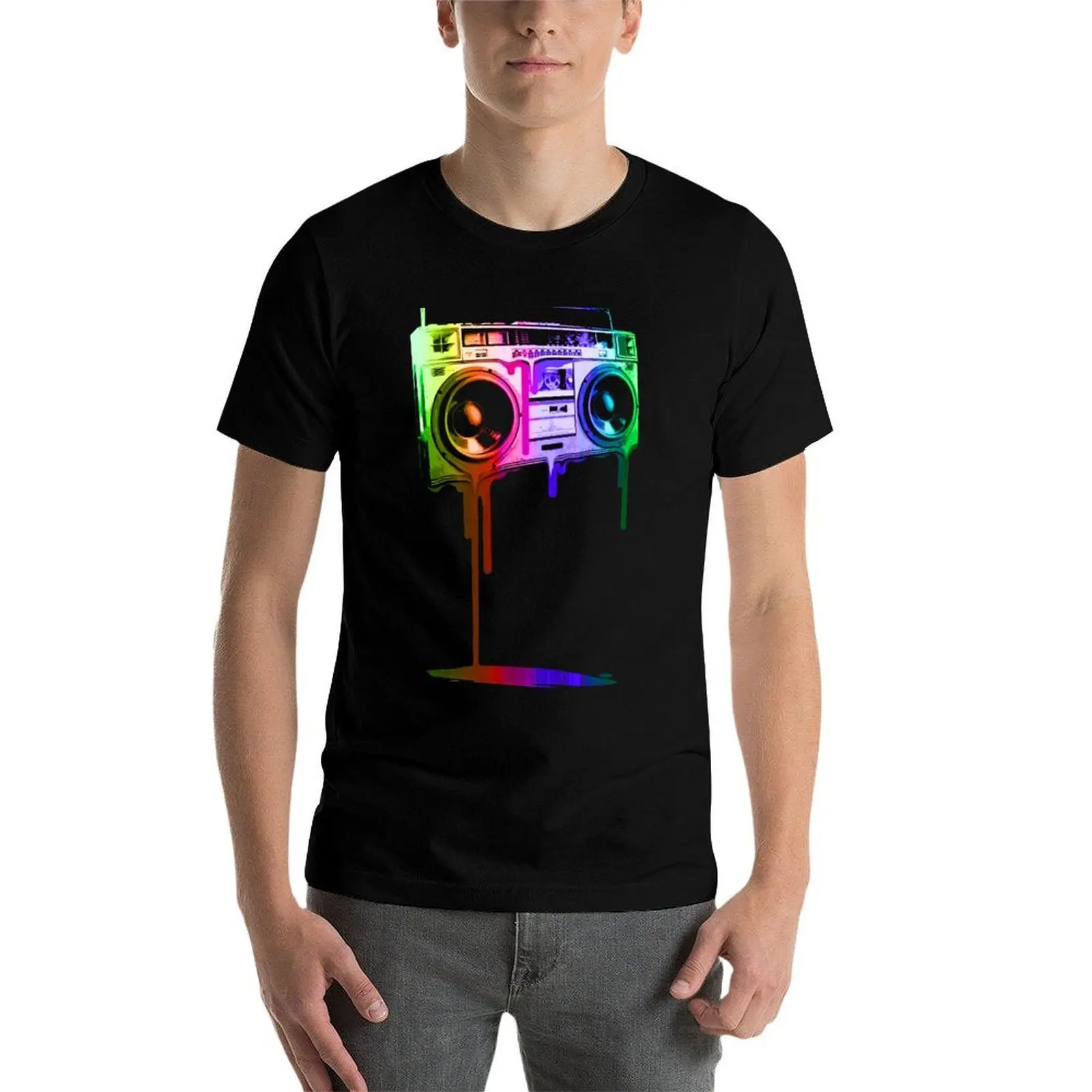 Melting Boombox (digital rainbow color) T-Shirt, Summer Casual Cotton Tee, Oversized Streetwear Tops, Vintage Graphic Print 4