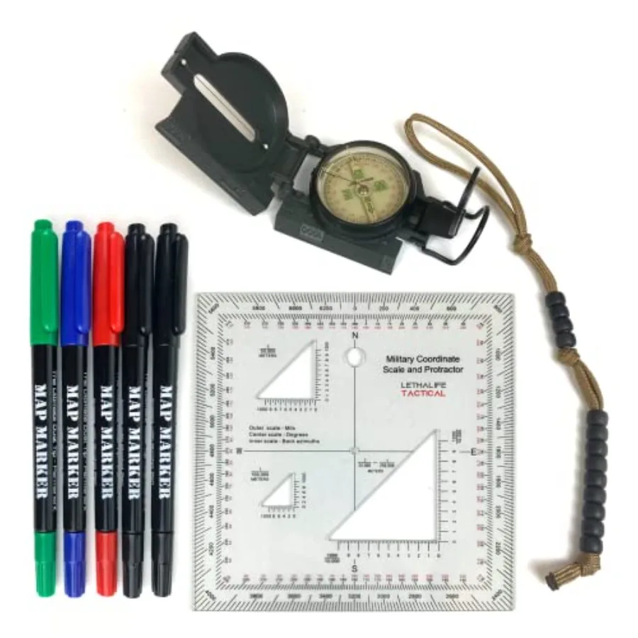 

Land Nav Kit with Lensatic Compass Protractor Pace Counter and Map Markers