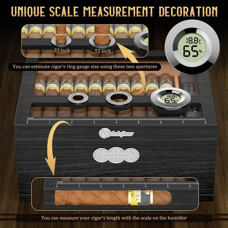 Umidificatore per sigari Contenitore per umidificatore da tavolo con parte superiore in vetro Regali per sigari per uomo Custodia per sigari in legno di cedro con igrometro digitale Umidificatore Measu