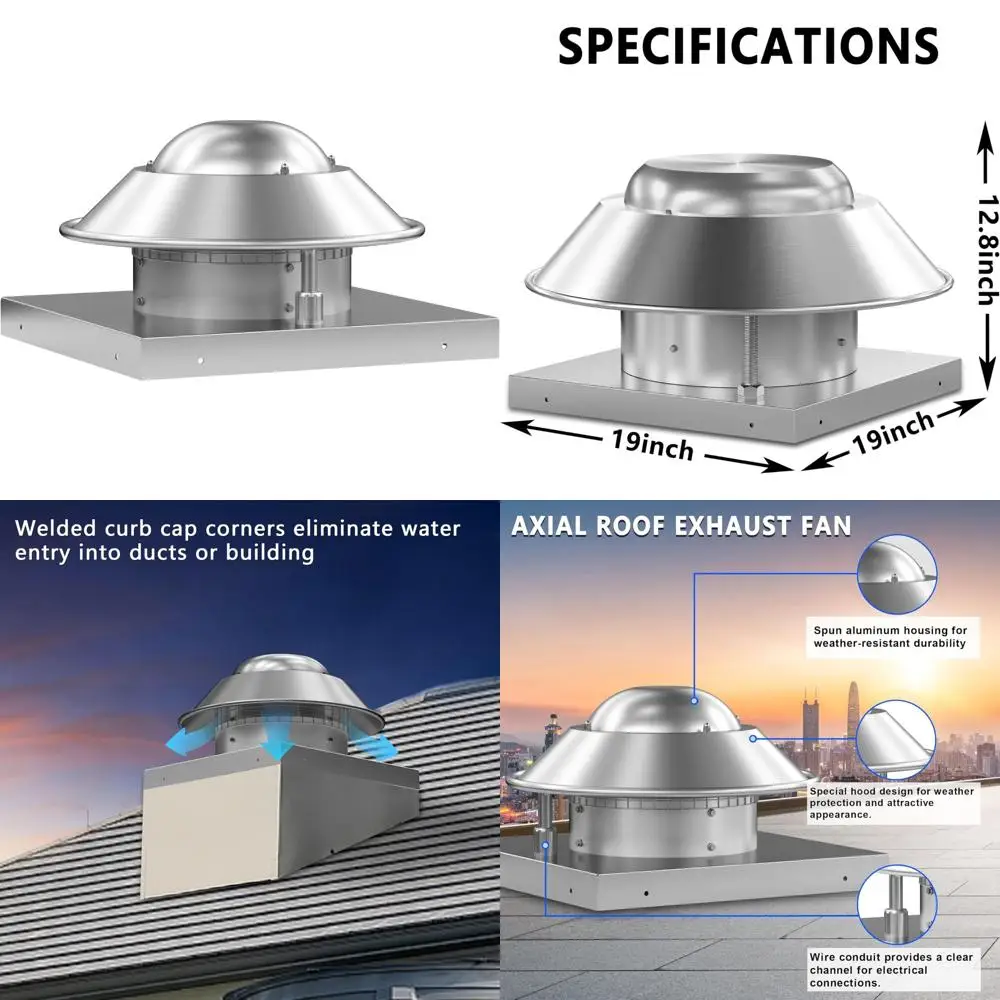 مروحة عادم السقف المحورية Downblast - 19 قاعدة، 1/10 حصان، محرك أحادي الطور 115 فولت، 830 CFM، قائمة ETL، موفرة للطاقة، أوبرا هادئة