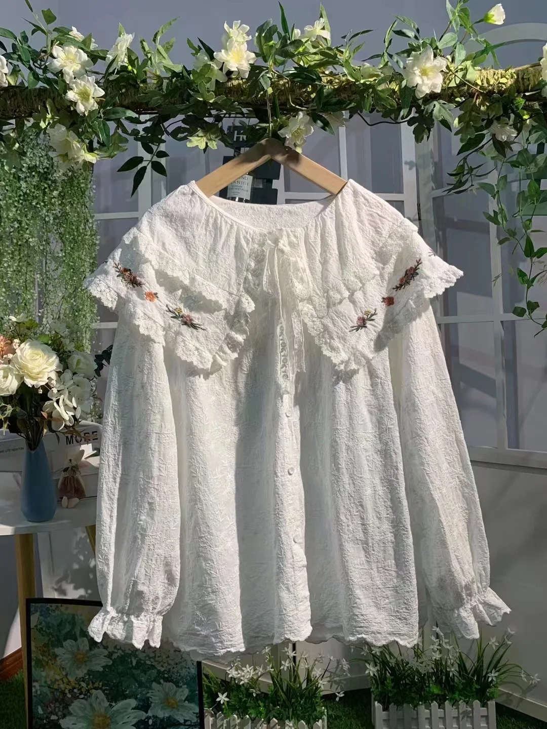 Otoño nuevo algodón suelto irt con bordado largo Sve cuello alto cinturón diseño japonés Sle mujer Premium Faion