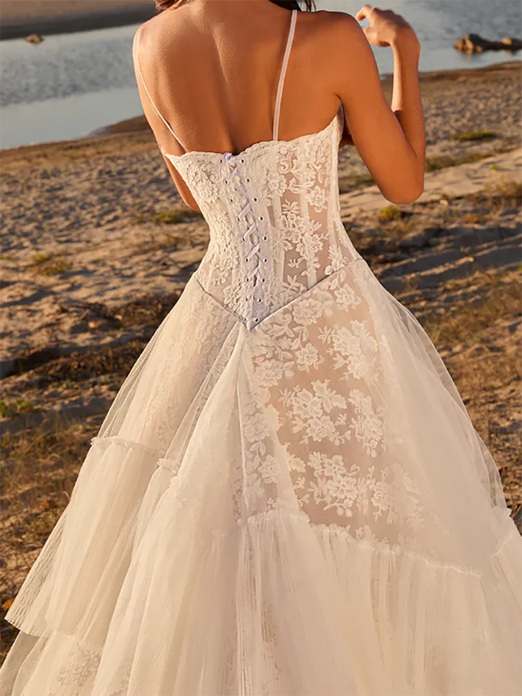 Vestidos de novia de corte en A plisados con cordones sin mangas de encaje de lujo vestidos de novia personalizados