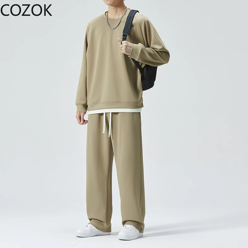 Spring Autumn Men's Two-Piece Sets Casual Loose Long Sleeve Pullover + Long Pants Sportswear Solid Color Tracksuit Men Clothing