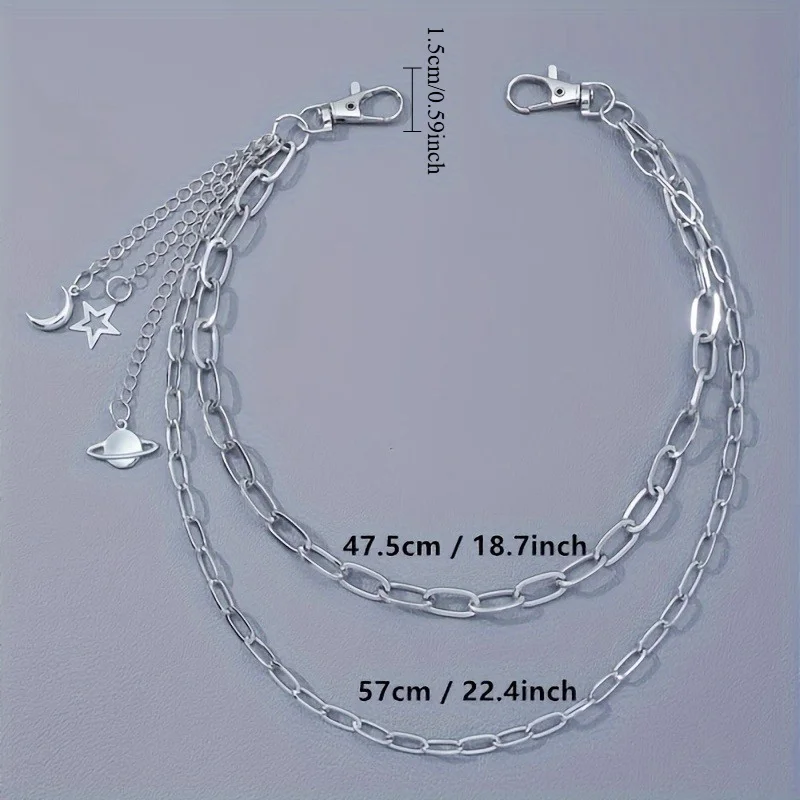 سلسلة بانت من سبائك الحديد مع سحر النجوم والقمر - إكسسوار سلسلة مفاتيح عصرية متعددة الطبقات على شكل هيب هوب
