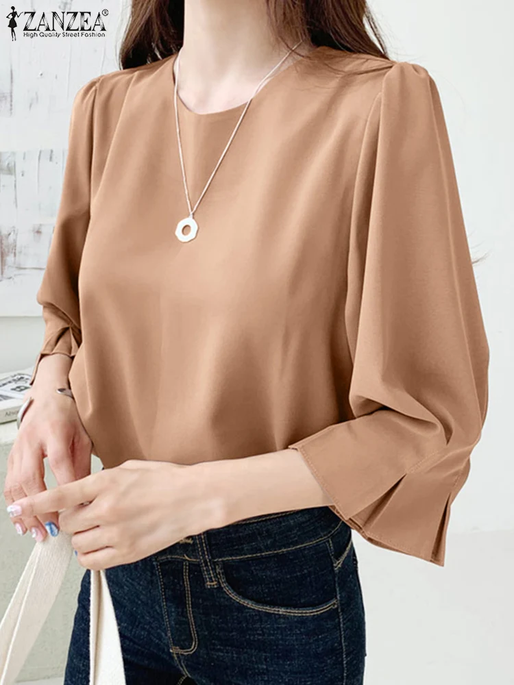 

ZANZEA Women Casual Chiffon Blouse 2025 Fashion 3/4 Puff Sleeve Street Solid Shirts Elegant Office Lady Loose Korean Tunic Tops