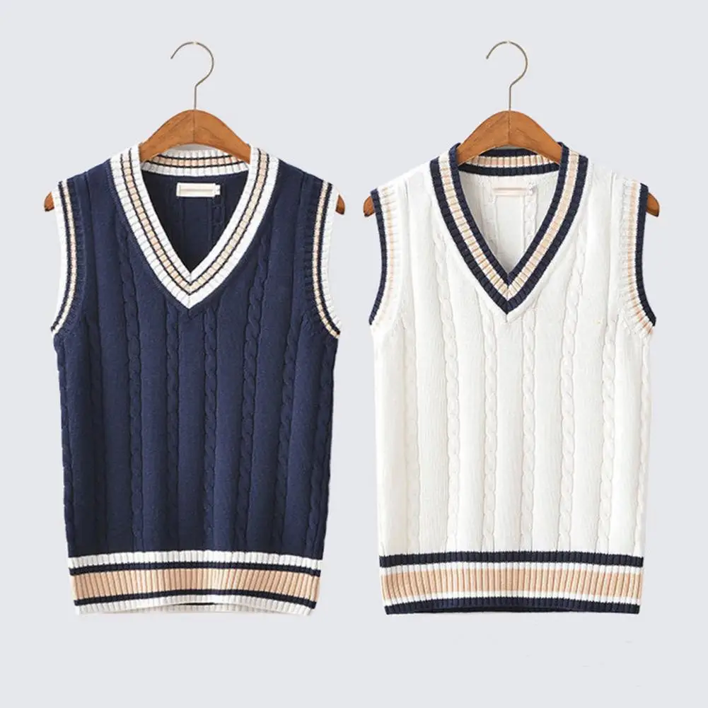 Sweater Vest Men V-neck Pullover Vest Thickened Sleeveless Splicing Unisex Autumn Winter College Style Knitting Waistcoat