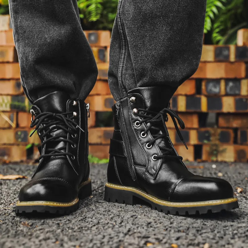 Fashion Men Leather Boots Metal Double Zipper Motorcycle Boots Oxford Business Men Ankle Boots Autumn Winter Shoes Large Size 48 - view 6
