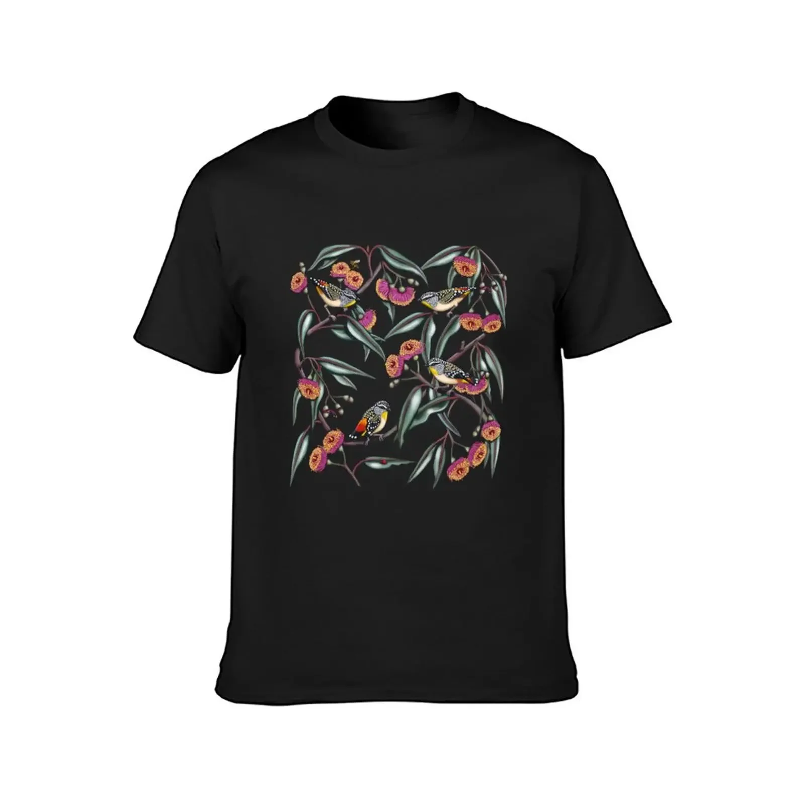 Pardalotes in Gum Flowers Repeated Pattern by Australian artist Laural Retz T-Shirt summer top mens big and tall t shirts