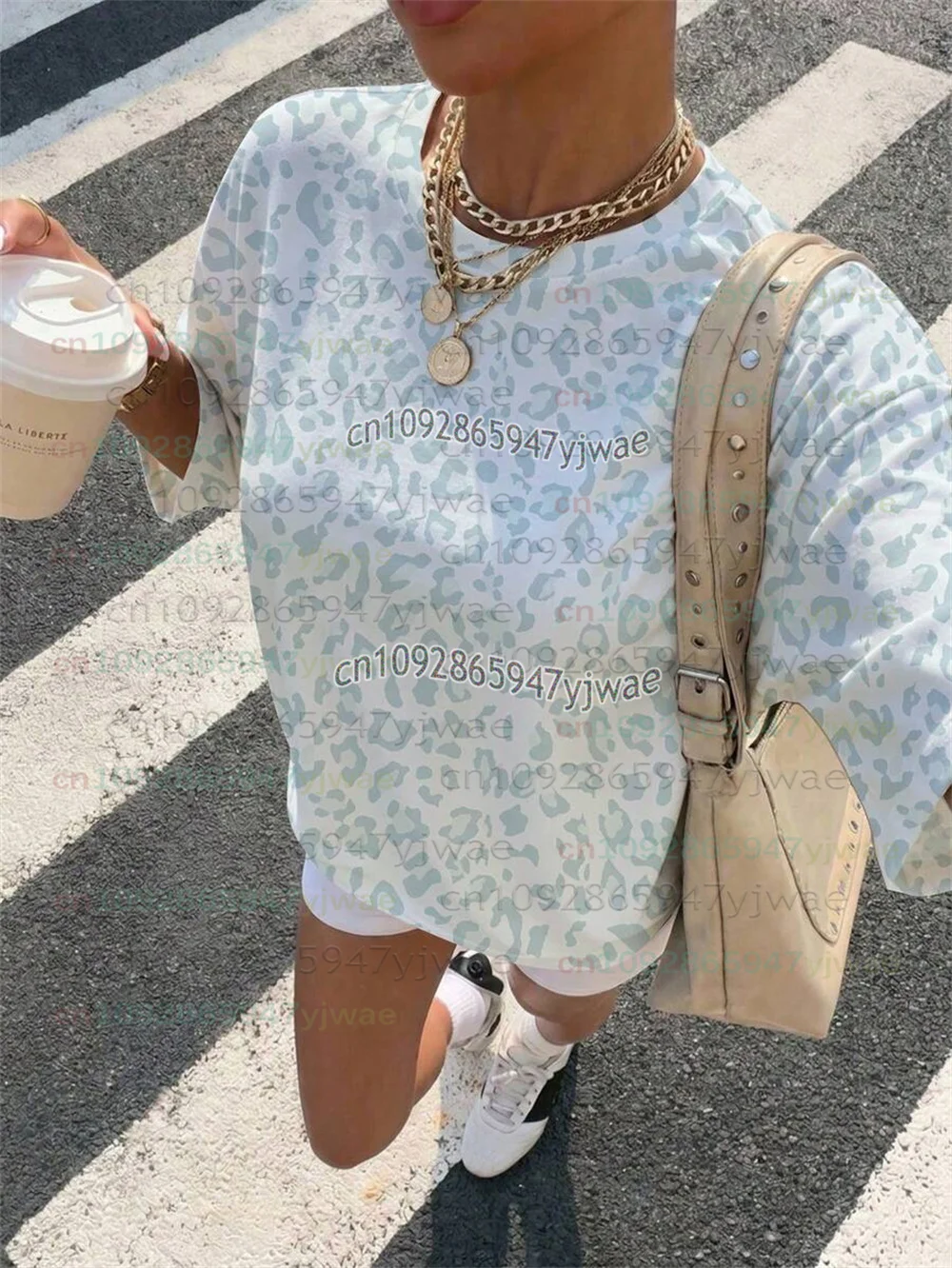 2026 Damen Oversized Athleisure Sportliches Baggy Country T-Shirt mit Leopardenmuster Nr. 09 Print Y2K Street Tee Tops – Detail 4