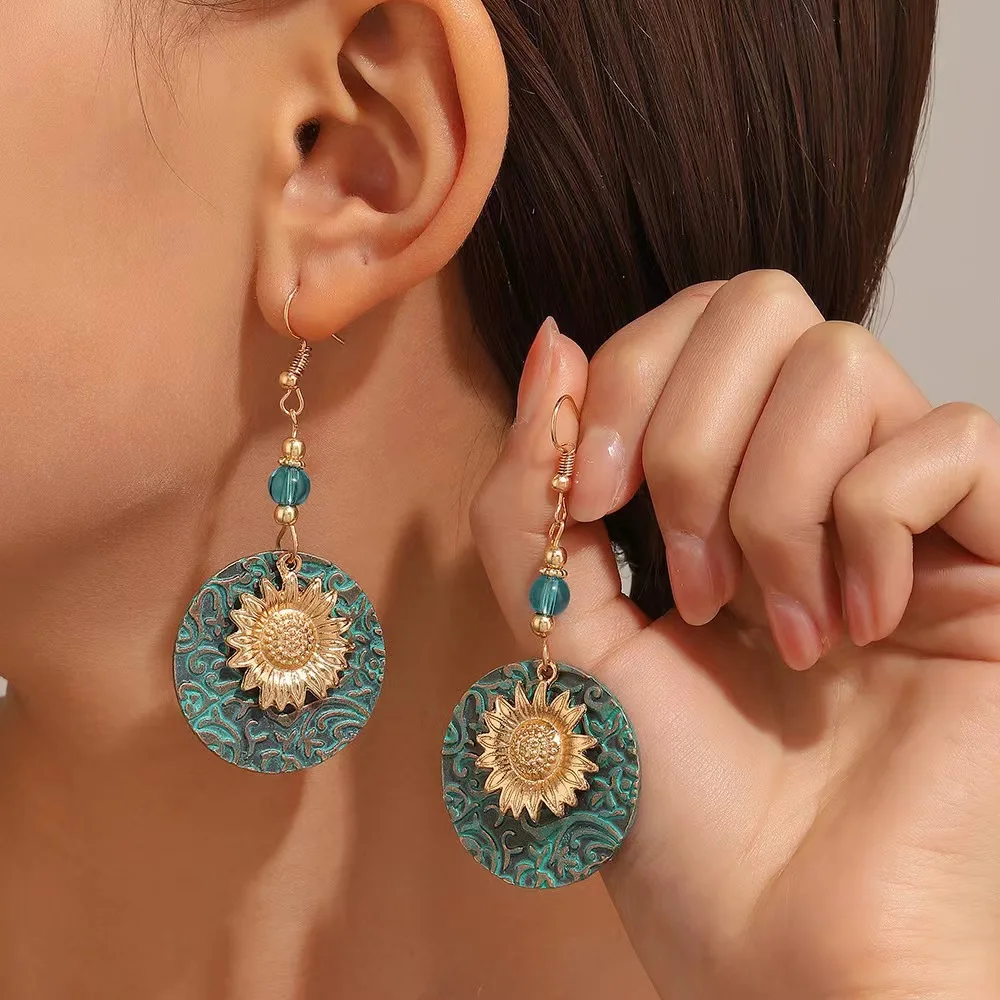 Bohemian color separation double-layer sunflower pattern ear retro fashion exquisite flower women's earrings ear accessories