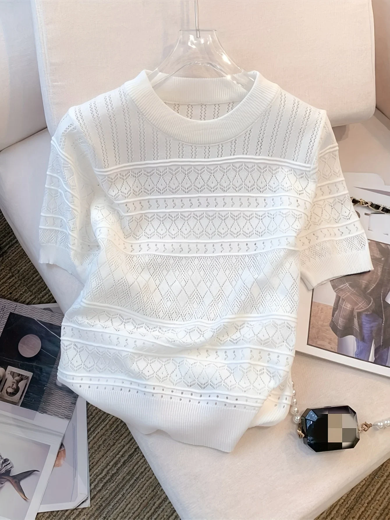 

2025 Summer New Female Thin Hollow Out Crew Neck Pullover Sweater Versatile Short Sleeve Knitted Top Women Clothing
