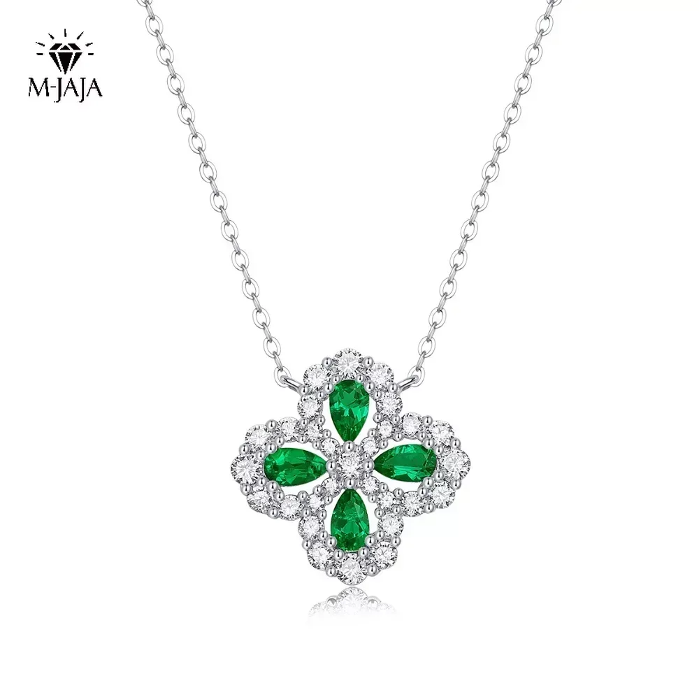 M-JAJA Emerald Necklace Clover Flower Pendant Chain S925 Sterling Silver 18K White Gold Plated Fine Jewelry Women Birthday Gift