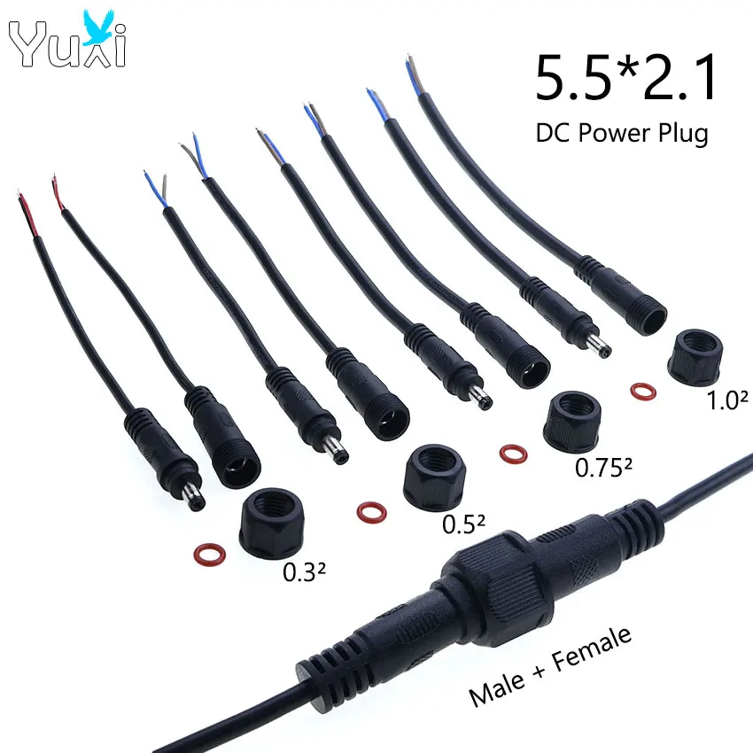 YuXi 5.5*2.1mm DC Power Plug 12V 2Pin Waterproof Connector Male Female Terminal Butt Joint Monitoring Line IP67 Extension Cord