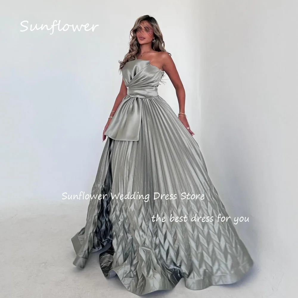 Sunflower Grey Strapless Satin Pleat A-LINE 2024 Slim Backless Ocassion Gown Floor-Length Formal Evening Dress فساتين سهرة