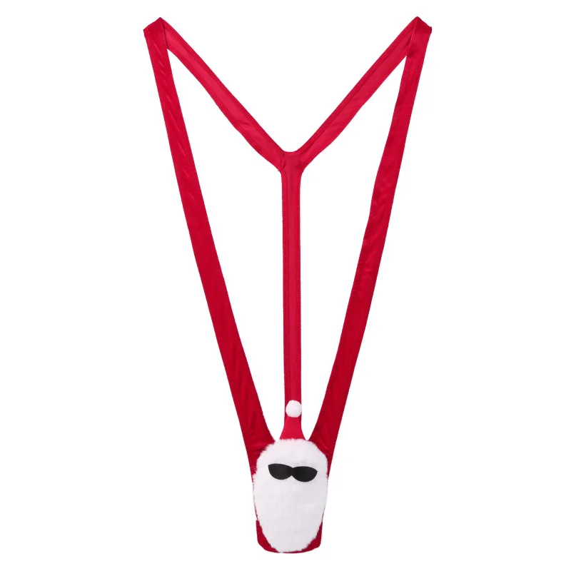 Mens Sexy Bodysuit Santa Claus Wear Glasses Role-Playing V-Shaped Thongs And G Strings Underwear U Convex Pouch Lingerie