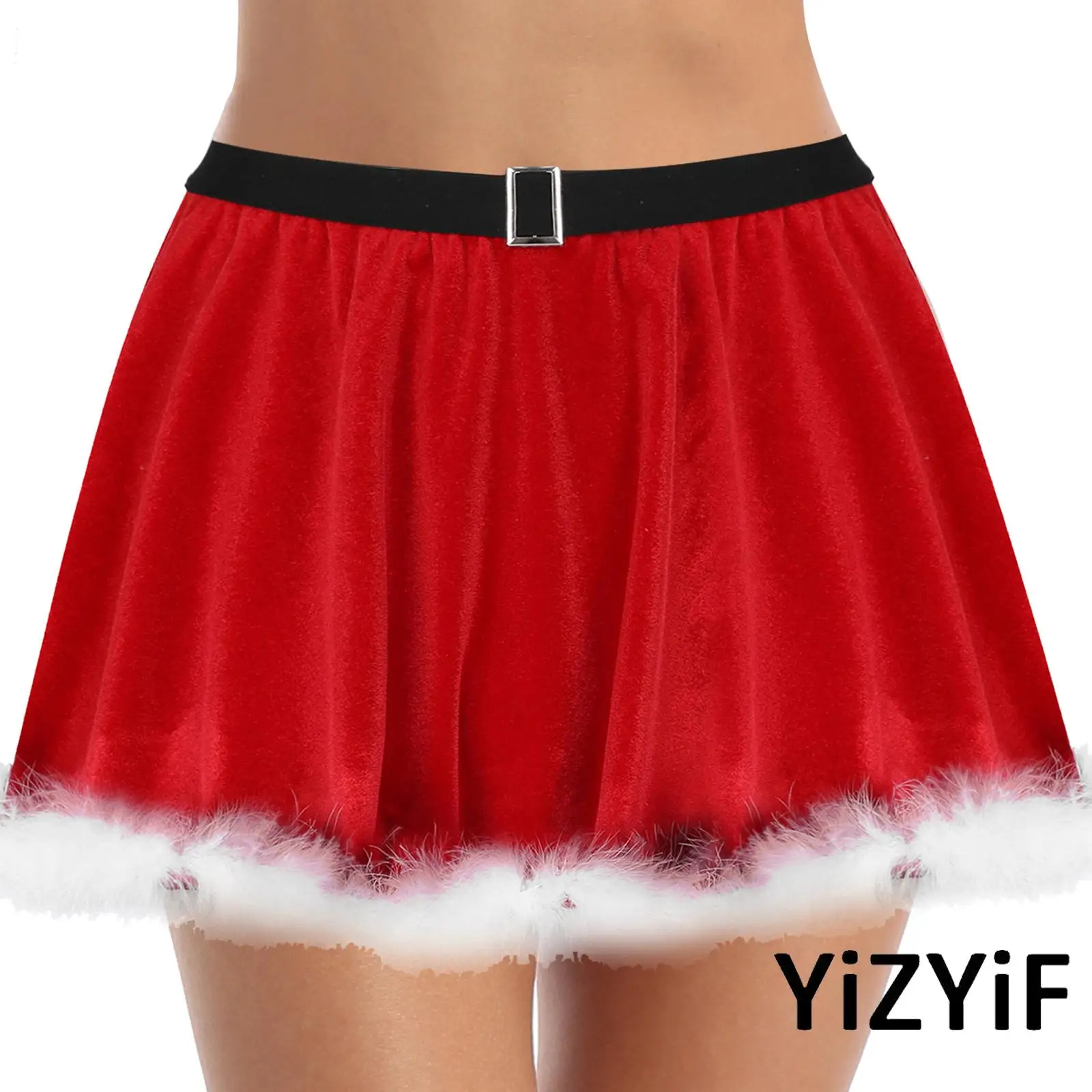 

Adults Womens Christmas Skirt Red Velvet Feather Trimming Skirt Xmas Party New Year Costume Elastic Waistband Ruffled Miniskirt