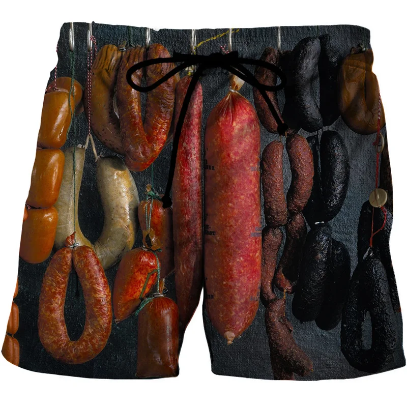 Sausages Food Graphic Beach Shorts Men Short Pants 3D Pizza Printed Elastic Waist Board Trunks Swimsuit Woman 2023 Surf Shorts