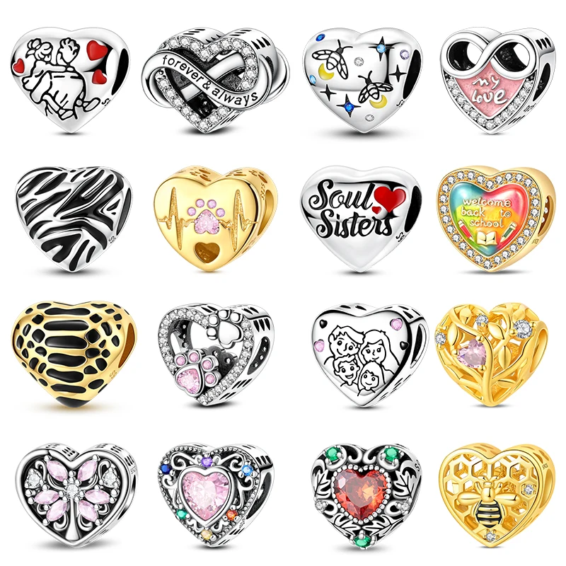 Multi Pattern Heart 925 Sterling Silver Beads Color Zircon Paw Family Infinity Pendant Beads Women Bracelet Making Jewelry Gift