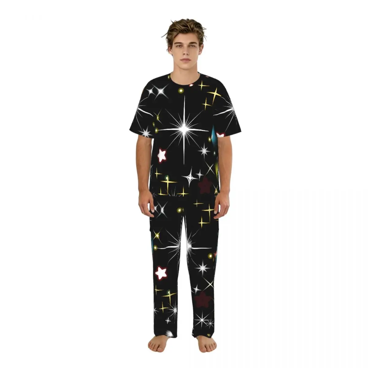 

Мужская пижама с короткими рукавами, комплект из двух предметов: брюки и рубашка, домашний костюм с принтом «Звездное небо», одежда для сна.