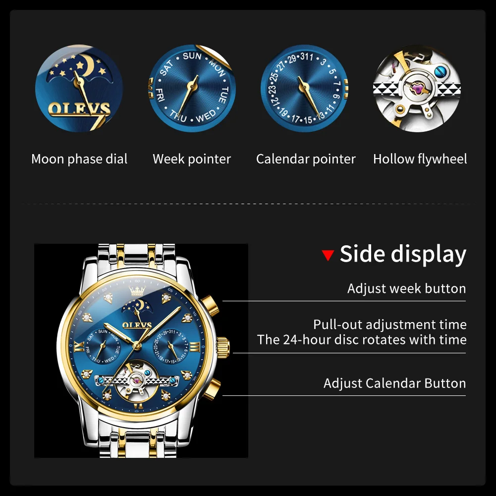 OELVS 6678 Men's Watches Luxury Original Automatic Mechanical Tourbillon Watch for Man Waterproof Luminous Date Week Moon Phase image 4