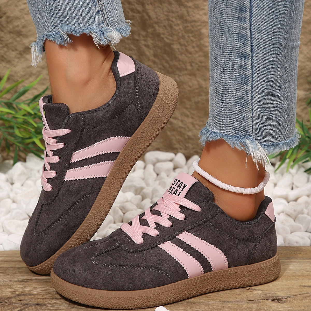 2026 Fall Women's Fashion Suede Sneakers with Double Buckle Metal Details Lightweight Breathable Comfortable Casual Flats