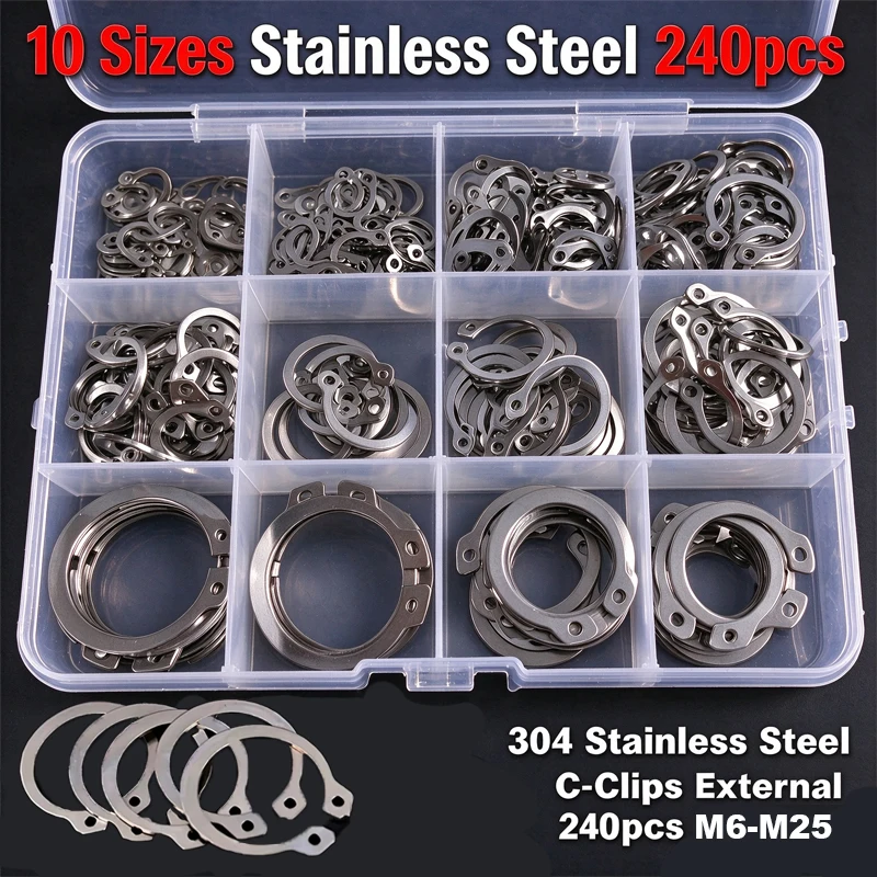 240Pcs 304 Stainless Steel External Retaining Rings C-Clip Snap Rings Assortment Kit M6-M20 for Auto Repair Machinery DIY