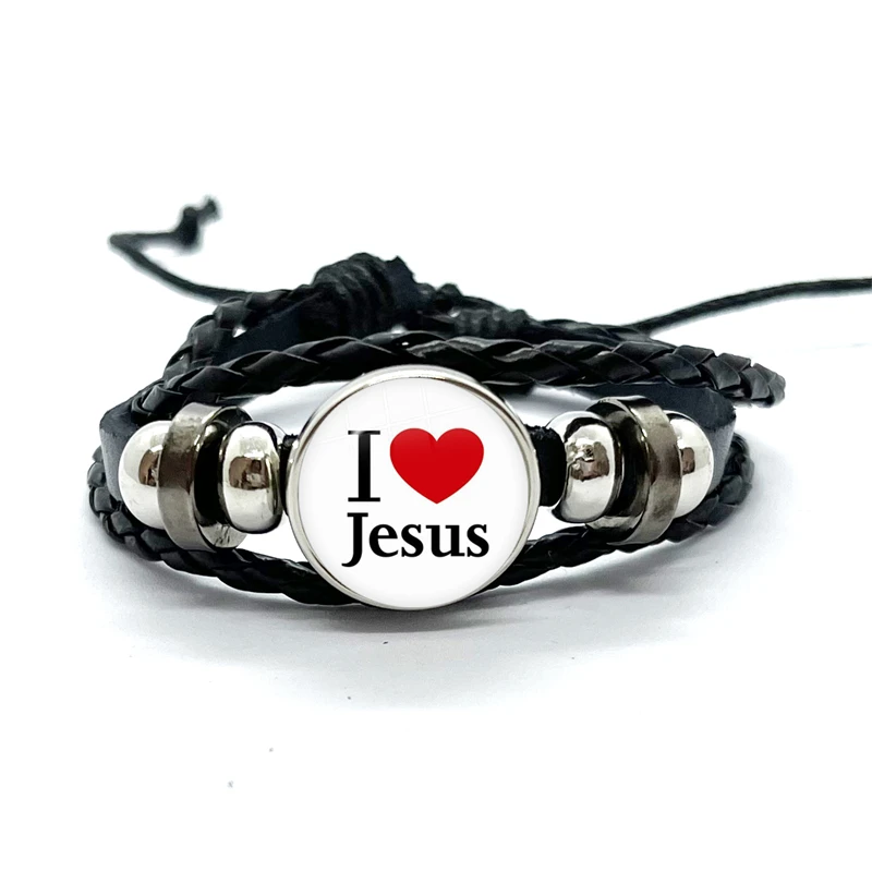 I Love Jesus Leather Charm Bracelet Glass Dome Snap Button Bracelet & Bangles Fashion For Women Men Gifts