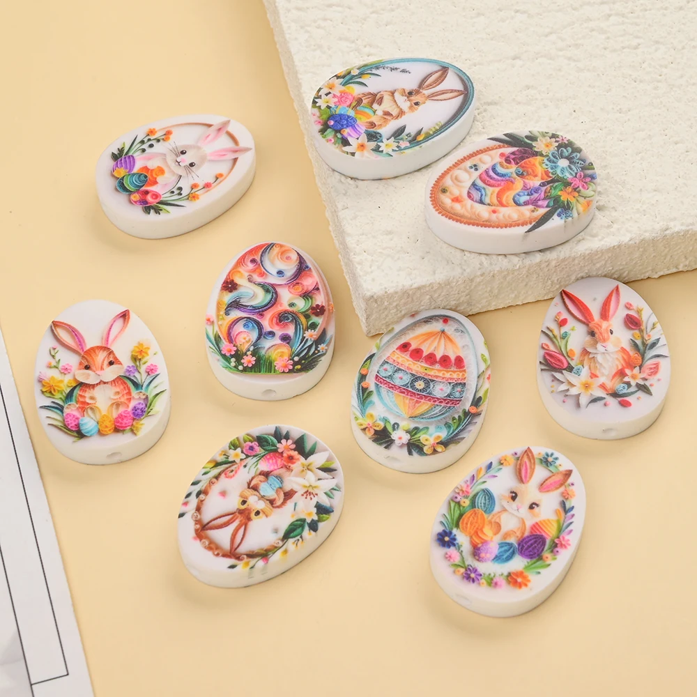 9Pcs Silicone Oval Beads Easter Rabbit Printed Loose Teether Beads for DIY Pacifier Chains, Necklaces, Bracelet Accessories