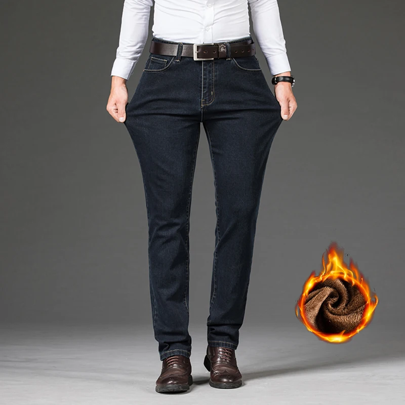 Jeans invernali in pile spesso Abbigliamento da uomo Velluto di marca Caldo Business Pantaloni classici alla moda Jeans Pantaloni casual in peluche elasticizzati