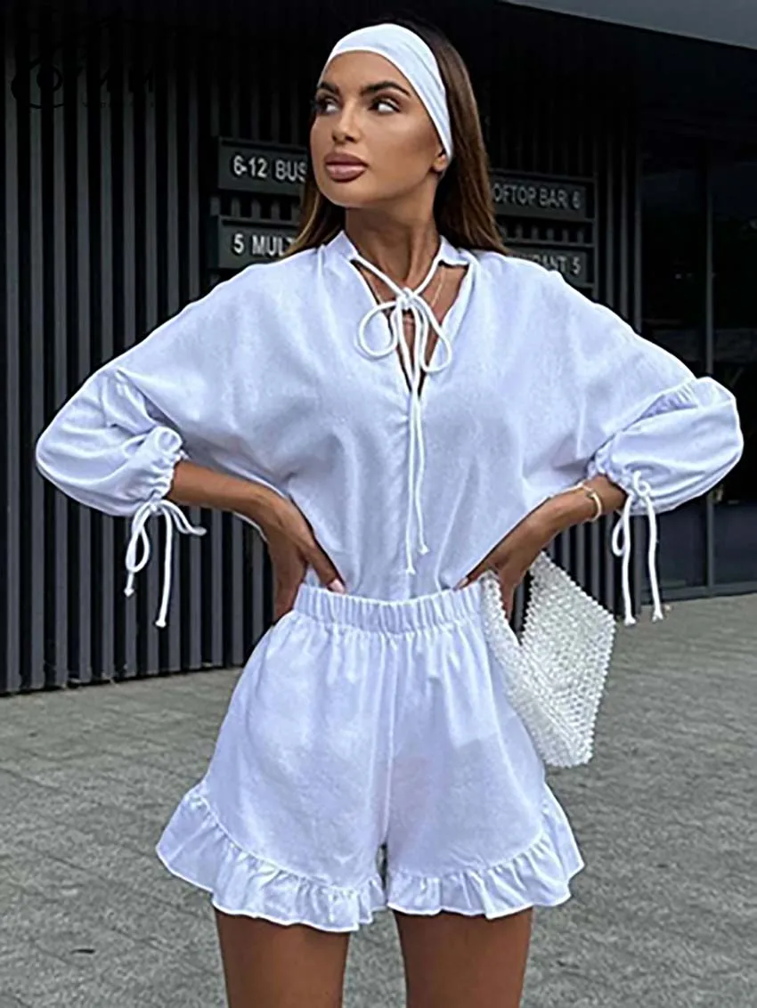 

Oymimi Casual White Cotton Women 2 Piece Set Outfit Fashion Wrist Sleeve Lace-Up Blouses And High Waisted Ruffled Shorts Sets