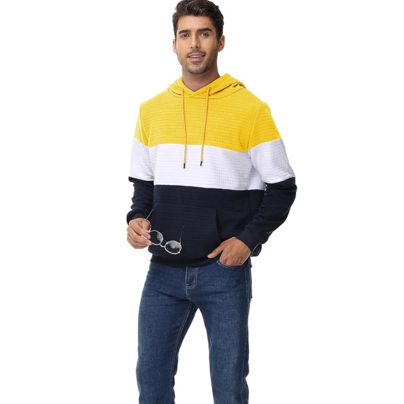 European Size Men Clothing Amazon Spring Autumn New Color-blocked Checkered Sweat Shirt Long-sleeved Hoodie Casual Sports Top