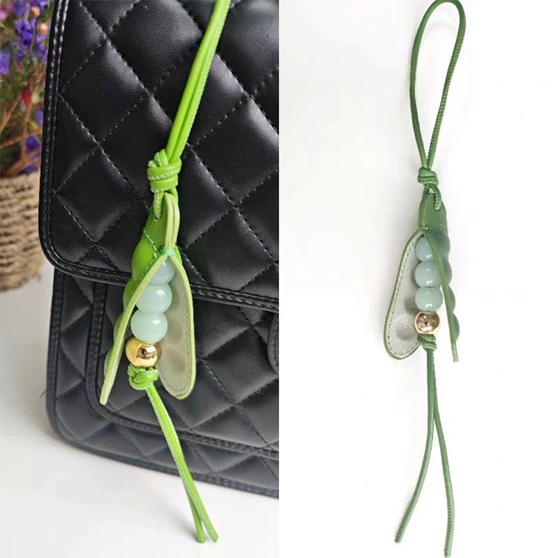 

Pea Pod Cow Leather Bag Charm Green Keychain Backpack Accessory Genuine Leather Handmade Exquisite Craftsmanship Gift For Women