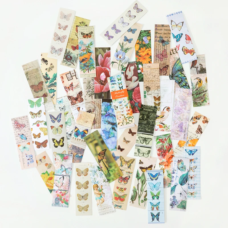 50 vellen vintage washi-papierstickers, met motieven van vlinders en natuurlijke planten, voor gebruik in notitieboeken, dagboeken, scrapbooks en voor decoratieve doeleinden.