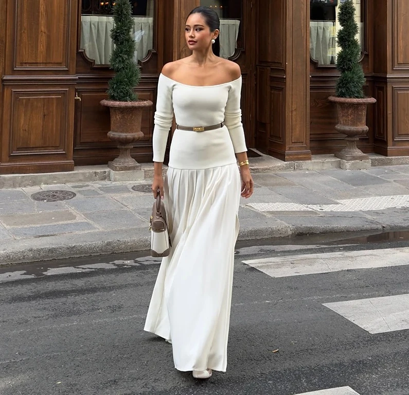 

Новое осеннее однотонное облегающее длинное платье на одно плечо с длинными рукавами во французском стиле в стиле пэчворк для женщин