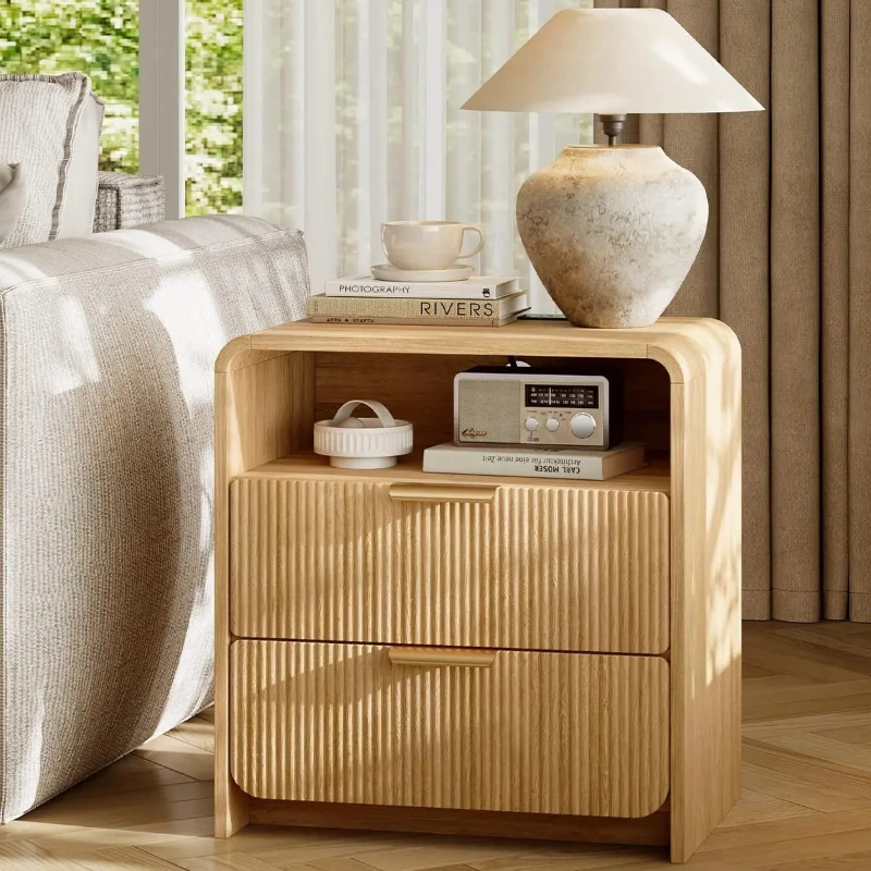 24 Inch Wide Natural Oak Fluted Nightstand Set of 2 with 2 Drawers Open Shelf Furniture For Room Handles Bedside Table Custom