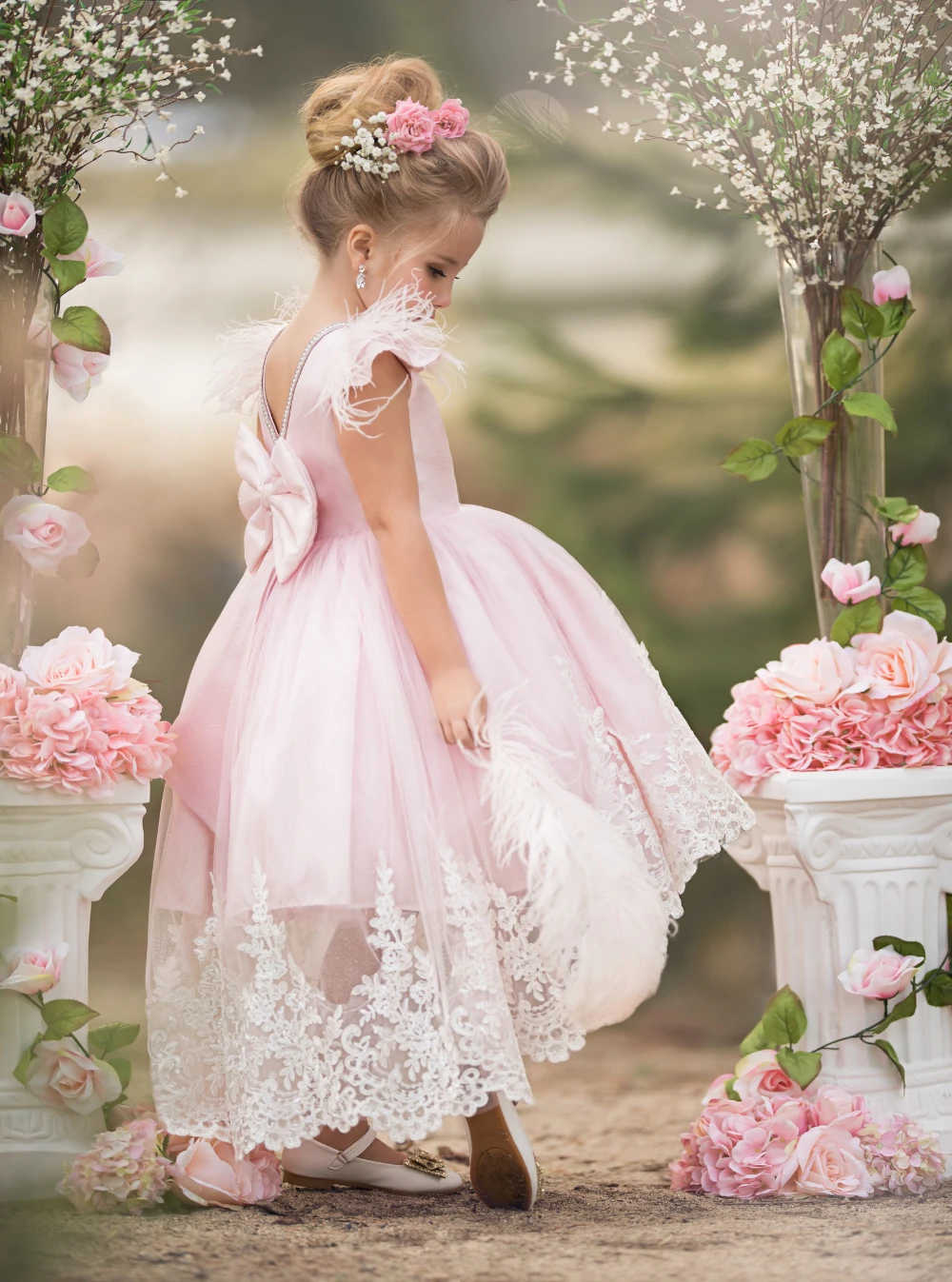 Vestido rosa claro para casamento, tule em V, renda com penas com arcos, aniversário de princesa, primeira comunhão infantil, vestido de baile